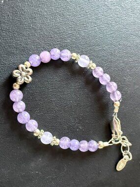 Amethyst Beaded Baby Child Bracelet With Sterling Silver Flower Charm Adjustable